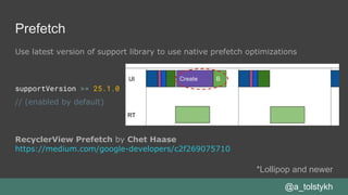 Prefetch
Use latest version of support library to use native prefetch optimizations
supportVersion >= 25.1.0
// (enabled by default)
RecyclerView Prefetch by Chet Haase
https://medium.com/google-developers/c2f269075710
*Lollipop and newer
@a_tolstykh
 