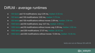 DiffUtil - average runtimes
● 100 items and 10 modifications: avg: 0.39 ms, median: 0.35 ms
● 100 items and 100 modifications: 3.82 ms, median: 3.75 ms
● 100 items and 100 modifications without moves: 2.09 ms, median: 2.06 ms
● 1000 items and 50 modifications: avg: 4.67 ms, median: 4.59 ms
● 1000 items and 50 modifications without moves: avg: 3.59 ms, median: 3.50 ms
● 1000 items and 200 modifications: 27.07 ms, median: 26.92 ms
● 1000 items and 200 modifications without moves: 13.54 ms, median: 13.36 ms
tests are run on Nexus 5X with M
@a_tolstykh
 