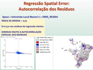 Regressão Spatial Error:
Autocorrelação dos Resíduos
Space > Univariate Local Moran’s I > ERRS_RESIDU
ÍNDICE DE MORAN = -0,07
Era 0,32 nos resíduos da regressão clássica
DIMINUIU MUITO A AUTOCORRELAÇÃO
ESPACIAL DOS RESÍDUOS
 