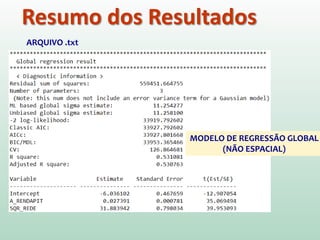 Resumo dos Resultados
ARQUIVO .txt
MODELO DE REGRESSÃO GLOBAL
(NÃO ESPACIAL)
 