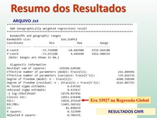 Resumo dos Resultados
ARQUIVO .txt
RESULTADOS GWR
Era 33927 na Regressão Global
 