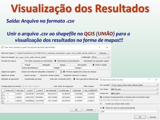 Visualização dos Resultados
Saída: Arquivo no formato .csv
Unir o arquivo .csv ao shapefile no QGIS (UNIÃO) para a
visualização dos resultados na forma de mapas!!!
 
