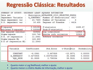 Regressão Clássica: Resultados
 Quanto maior o Log likelihood, melhor o ajuste
 Quanto menor o critério Akaike de Informação, melhor o ajuste
 