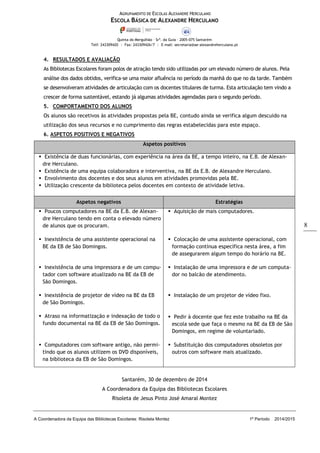 AGRUPAMENTO DE ESCOLAS ALEXANDRE HERCULANO
ESCOLA BÁSICA DE ALEXANDRE HERCULANO
Quinta do Mergulhão – Srª. da Guia – 2005-075 Santarém
Telf: 243309420 | Fax: 243309426/7 | E-mail: secretaria@ae-alexandreherculano.pt
A Coordenadora da Equipa das Bibliotecas Escolares: Risoleta Montez 1º Período 2014/2015
8
4. RESULTADOS E AVALIAÇÃO
As Bibliotecas Escolares foram polos de atração tendo sido utilizadas por um elevado número de alunos. Pela
análise dos dados obtidos, verifica-se uma maior afluência no período da manhã do que no da tarde. Também
se desenvolveram atividades de articulação com os docentes titulares de turma. Esta articulação tem vindo a
crescer de forma sustentável, estando já algumas atividades agendadas para o segundo período.
5. COMPORTAMENTO DOS ALUNOS
Os alunos são recetivos às atividades propostas pela BE, contudo ainda se verifica algum descuido na
utilização dos seus recursos e no cumprimento das regras estabelecidas para este espaço.
6. ASPETOS POSITIVOS E NEGATIVOS
Aspetos positivos
 Existência de duas funcionárias, com experiência na área da BE, a tempo inteiro, na E.B. de Alexan-
dre Herculano.
 Existência de uma equipa colaboradora e interventiva, na BE da E.B. de Alexandre Herculano.
 Envolvimento dos docentes e dos seus alunos em atividades promovidas pela BE.
 Utilização crescente da biblioteca pelos docentes em contexto de atividade letiva.
Aspetos negativos Estratégias
 Poucos computadores na BE da E.B. de Alexan-
dre Herculano tendo em conta o elevado número
de alunos que os procuram.
 Aquisição de mais computadores.
 Inexistência de uma assistente operacional na
BE da EB de São Domingos.
 Colocação de uma assistente operacional, com
formação contínua específica nesta área, a fim
de assegurarem algum tempo do horário na BE.
 Inexistência de uma impressora e de um compu-
tador com software atualizado na BE da EB de
São Domingos.
 Instalação de uma impressora e de um computa-
dor no balcão de atendimento.
 Instalação de um projetor de vídeo fixo.
 Pedir à docente que fez este trabalho na BE da
escola sede que faça o mesmo na BE da EB de São
Domingos, em regime de voluntariado.
 Substituição dos computadores obsoletos por
outros com software mais atualizado.
 Inexistência de projetor de vídeo na BE da EB
de São Domingos.
 Atraso na informatização e indexação de todo o
fundo documental na BE da EB de São Domingos.
 Computadores com software antigo, não permi-
tindo que os alunos utilizem os DVD disponíveis,
na biblioteca da EB de São Domingos.
Santarém, 30 de dezembro de 2014
A Coordenadora da Equipa das Bibliotecas Escolares
Risoleta de Jesus Pinto José Amaral Montez
 