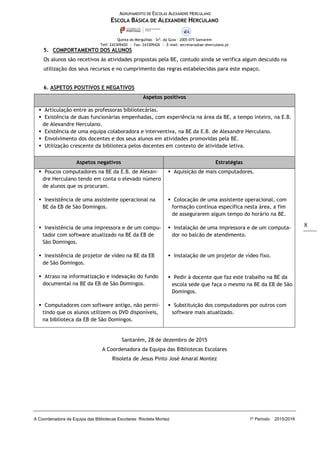 AGRUPAMENTO DE ESCOLAS ALEXANDRE HERCULANO
ESCOLA BÁSICA DE ALEXANDRE HERCULANO
Quinta do Mergulhão – Srª. da Guia – 2005-075 Santarém
Telf: 243309420 | Fax: 243309426 | E-mail: secretaria@ae-aherculano.pt
A Coordenadora da Equipa das Bibliotecas Escolares: Risoleta Montez 1º Período 2015/2016
8
5. COMPORTAMENTO DOS ALUNOS
Os alunos são recetivos às atividades propostas pela BE, contudo ainda se verifica algum descuido na
utilização dos seus recursos e no cumprimento das regras estabelecidas para este espaço.
6. ASPETOS POSITIVOS E NEGATIVOS
Aspetos positivos
 Articulação entre as professoras bibliotecárias.
 Existência de duas funcionárias empenhadas, com experiência na área da BE, a tempo inteiro, na E.B.
de Alexandre Herculano.
 Existência de uma equipa colaboradora e interventiva, na BE da E.B. de Alexandre Herculano.
 Envolvimento dos docentes e dos seus alunos em atividades promovidas pela BE.
 Utilização crescente da biblioteca pelos docentes em contexto de atividade letiva.
Aspetos negativos Estratégias
 Poucos computadores na BE da E.B. de Alexan-
dre Herculano tendo em conta o elevado número
de alunos que os procuram.
 Aquisição de mais computadores.
 Inexistência de uma assistente operacional na
BE da EB de São Domingos.
 Colocação de uma assistente operacional, com
formação contínua específica nesta área, a fim
de assegurarem algum tempo do horário na BE.
 Inexistência de uma impressora e de um compu-
tador com software atualizado na BE da EB de
São Domingos.
 Instalação de uma impressora e de um computa-
dor no balcão de atendimento.
 Instalação de um projetor de vídeo fixo.
 Pedir à docente que faz este trabalho na BE da
escola sede que faça o mesmo na BE da EB de São
Domingos.
 Substituição dos computadores por outros com
software mais atualizado.
 Inexistência de projetor de vídeo na BE da EB
de São Domingos.
 Atraso na informatização e indexação do fundo
documental na BE da EB de São Domingos.
 Computadores com software antigo, não permi-
tindo que os alunos utilizem os DVD disponíveis,
na biblioteca da EB de São Domingos.
Santarém, 28 de dezembro de 2015
A Coordenadora da Equipa das Bibliotecas Escolares
Risoleta de Jesus Pinto José Amaral Montez
 