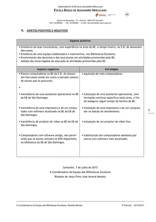 AGRUPAMENTO DE ESCOLAS ALEXANDRE HERCULANO
ESCOLA BÁSICA DE ALEXANDRE HERCULANO
Quinta do Mergulhão – Srª. da Guia – 2005-075 Santarém
Telf: 243309420 | Fax: 243309426 | E-mail: secretaria@ae-aherculano.pt
A Coordenadora da Equipa das Bibliotecas Escolares: Risoleta Montez 3º Período 2014/2015
9
6. ASPETOS POSITIVOS E NEGATIVOS
Aspetos positivos
 Existência de duas funcionárias, com experiência na área da BE, a tempo inteiro, na E.B. de Alexandre
Herculano.
 Existência de uma equipa colaboradora e interventiva, nas Bibliotecas Escolares.
 Envolvimento dos docentes e dos seus alunos em atividades promovidas pela BE.
 Adesão dos encarregados de educação às atividades promovidas pela BE.
Aspetos negativos Estratégias
 Poucos computadores na BE da E.B. de Alexan-
dre Herculano tendo em conta o elevado número
de alunos que os procuram.

 Aquisição de mais computadores.
 Inexistência de uma assistente operacional na BE
da EB de São Domingos.
 Colocação de uma assistente operacional, com
formação contínua específica nesta área, a fim
de assegurar algum tempo do horário da BE.
 Inexistência de uma impressora e de um compu-
tador com software atualizado na BE da EB de
São Domingos.
 Instalação de uma impressora e de um computa-
dor no balcão de atendimento.
 Instalação de um projetor de vídeo fixo.
 Substituição dos computadores obsoletos por
outros com software mais atualizado.
 Inexistência de projetor de vídeo na BE da EB de
São Domingos.
 Computadores com software antigo, não permi-
tindo que os alunos utilizem os DVD disponíveis,
na biblioteca da EB de São Domingos.
Santarém, 7 de julho de 2015
A Coordenadora da Equipa das Bibliotecas Escolares
Risoleta de Jesus Pinto José Amaral Montez
 