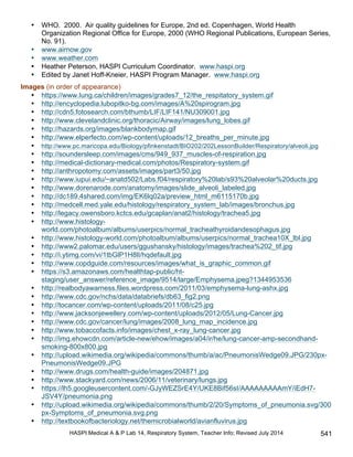 HASPI Medical A & P Lab 14, Respiratory System, Teacher Info; Revised July 2014 541
• WHO. 2000. Air quality guidelines for Europe, 2nd ed. Copenhagen, World Health
Organization Regional Office for Europe, 2000 (WHO Regional Publications, European Series,
No. 91).
• www.airnow.gov
• www.weather.com
• Heather Peterson, HASPI Curriculum Coordinator. www.haspi.org
• Edited by Janet Hoff-Kneier, HASPI Program Manager. www.haspi.org
Images (in order of appearance)
• https://www.lung.ca/children/images/grades7_12/the_respitatory_system.gif
• http://encyclopedia.lubopitko-bg.com/images/A%20spirogram.jpg
• http://cdn5.fotosearch.com/bthumb/LIF/LIF141/NU309001.jpg
• http://www.clevelandclinic.org/thoracic/Airway/images/lung_lobes.gif
• http://hazards.org/images/blankbodymap.gif
• http://www.elperfecto.com/wp-content/uploads/12_breaths_per_minute.jpg
• http://www.pc.maricopa.edu/Biology/pfinkenstadt/BIO202/202LessonBuilder/Respiratory/alveoli.jpg
• http://soundersleep.com/images/cms/949_937_muscles-of-respiration.jpg
• http://medical-dictionary-medical.com/photos/Respiratory-system.gif
• http://anthropotomy.com/assets/images/part3/50.jpg
• http://www.iupui.edu/~anatd502/Labs.f04/respiratory%20lab/s93%20alveolar%20ducts.jpg
• http://www.dorenarode.com/anatomy/images/slide_alveoli_labeled.jpg
• http://dc189.4shared.com/img/EK6lq02a/preview_html_m6115170b.jpg
• http://medcell.med.yale.edu/histology/respiratory_system_lab/images/bronchus.jpg
• http://legacy.owensboro.kctcs.edu/gcaplan/anat2/histology/trachea5.jpg
• http://www.histology-
world.com/photoalbum/albums/userpics/normal_tracheathyroidandesophagus.jpg
• http://www.histology-world.com/photoalbum/albums/userpics/normal_trachea10X_lbl.jpg
• http://www2.palomar.edu/users/ggushansky/histology/images/trachea%202_tif.jpg
• http://i.ytimg.com/vi/1tbGlP1H8lI/hqdefault.jpg
• http://www.copdguide.com/resources/images/what_is_graphic_common.gif
• https://s3.amazonaws.com/healthtap-public/ht-
staging/user_answer/reference_image/9514/large/Emphysema.jpeg?1344953536
• http://realbodyawarness.files.wordpress.com/2011/03/emphysema-lung-ashx.jpg
• http://www.cdc.gov/nchs/data/databriefs/db63_fig2.png
• http://tocancer.com/wp-content/uploads/2011/08/c25.jpg
• http://www.jacksonjewellery.com/wp-content/uploads/2012/05/Lung-Cancer.jpg
• http://www.cdc.gov/cancer/lung/images/2008_lung_map_incidence.jpg
• http://www.tobaccofacts.info/images/chest_x-ray_lung-cancer.jpg
• http://img.ehowcdn.com/article-new/ehow/images/a04/ir/he/lung-cancer-amp-secondhand-
smoking-800x800.jpg
• http://upload.wikimedia.org/wikipedia/commons/thumb/a/ac/PneumonisWedge09.JPG/230px-
PneumonisWedge09.JPG
• http://www.drugs.com/health-guide/images/204871.jpg
• http://www.stackyard.com/news/2006/11/veterinary/lungs.jpg
• https://lh5.googleusercontent.com/-GJyWEZSrE4Y/UKE8Bif56sI/AAAAAAAAAmY/iEdH7-
JSV4Y/pneumonia.png
• http://upload.wikimedia.org/wikipedia/commons/thumb/2/20/Symptoms_of_pneumonia.svg/300
px-Symptoms_of_pneumonia.svg.png
• http://textbookofbacteriology.net/themicrobialworld/avianfluvirus.jpg
 