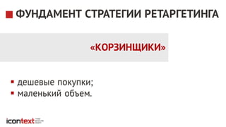 § дешевые покупки;
§ маленький объем.
ФУНДАМЕНТ СТРАТЕГИИ РЕТАРГЕТИНГА
«КОРЗИНЩИКИ»
 