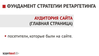 § посетители, которые были на сайте.
ФУНДАМЕНТ СТРАТЕГИИ РЕТАРГЕТИНГА
АУДИТОРИЯ САЙТА
(ГЛАВНАЯ СТРАНИЦА)
 