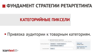 § Привязка аудитории к товарным категориям.
ФУНДАМЕНТ СТРАТЕГИИ РЕТАРГЕТИНГА
КАТЕГОРИЙНЫЕ ПИКСЕЛИ
 