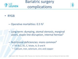 Bariatric surgery
complications
• RYGB
– Operative mortalities: 0.5 %1
– Long-term: dumping, stomal stenosis, marginal
ulcers, staple line disruption, internal hernias²
– Nutritional deficiencies: more common³
• Vit B12, B1, C, folate, A, D and K
• Calcium, iron, selenium, zinc and copper
1Buchwald. 2005; ²Woodard. 2004; ³Shankar et al. Nutrition 2010; Stocker. Endocrinol Metab Clin North Am 2003
 