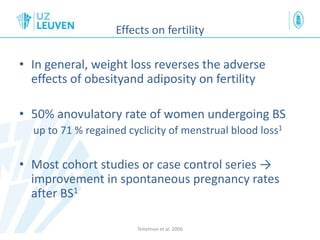 Effects on fertility
• In general, weight loss reverses the adverse
effects of obesityand adiposity on fertility
• 50% anovulatory rate of women undergoing BS
up to 71 % regained cyclicity of menstrual blood loss1
• Most cohort studies or case control series →
improvement in spontaneous pregnancy rates
after BS1
Teitelman et al. 2006
 