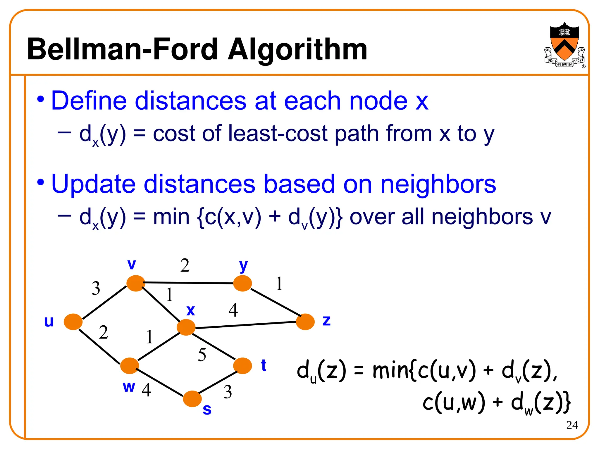 24
Bellman-Ford Algorithm
• Define distances at each node x
– dx(y) = cost of least-cost path from x to y
• Update distances based on neighbors
– dx(y) = min {c(x,v) + dv(y)} over all neighbors v
3
2
2
1
1
4
1
4
5
3
u
v
w
x
y
z
s
t du(z) = min{c(u,v) + dv(z),
c(u,w) + dw(z)}
 