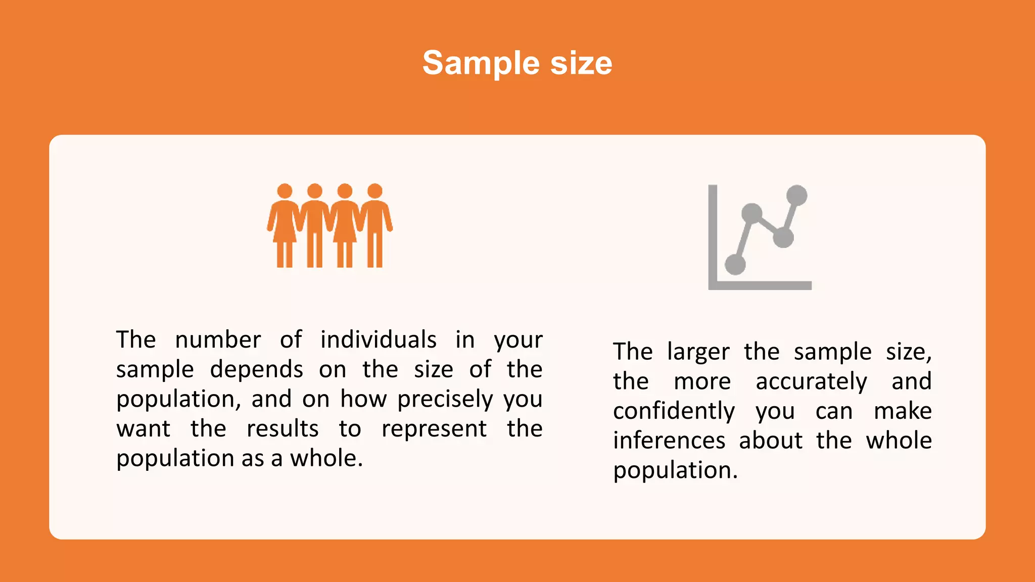 Sample size
The number of individuals in your
sample depends on the size of the
population, and on how precisely you
want the results to represent the
population as a whole.
The larger the sample size,
the more accurately and
confidently you can make
inferences about the whole
population.
 