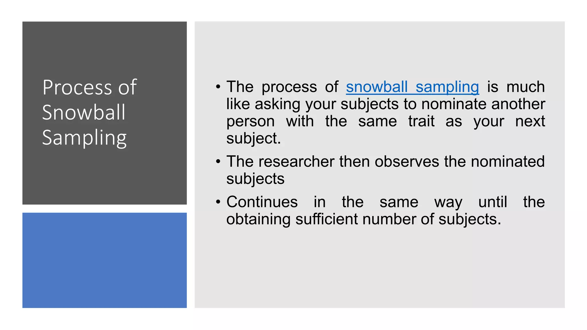 Process of
Snowball
Sampling
• The process of snowball sampling is much
like asking your subjects to nominate another
person with the same trait as your next
subject.
• The researcher then observes the nominated
subjects
• Continues in the same way until the
obtaining sufficient number of subjects.
 