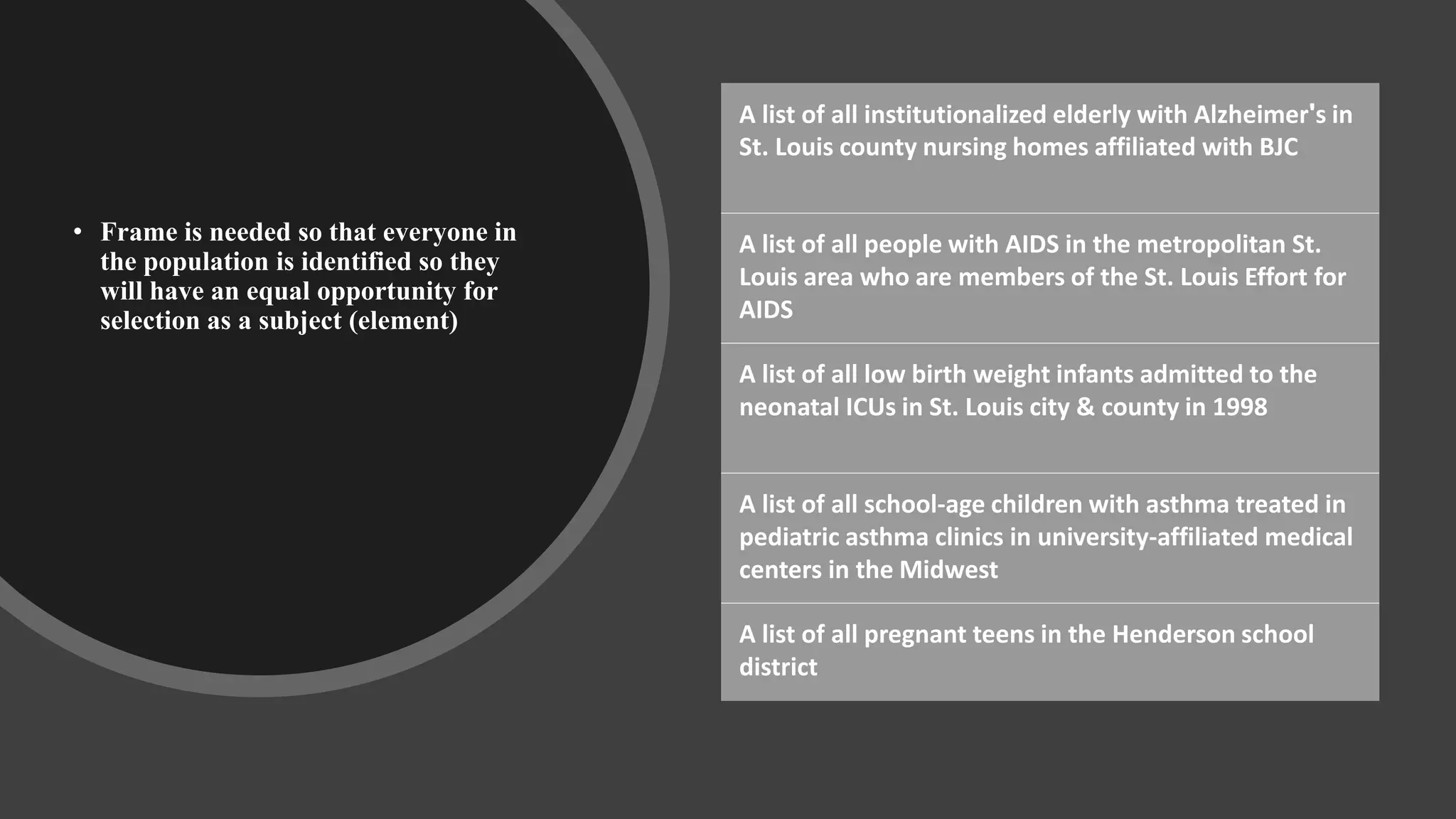 • Frame is needed so that everyone in
the population is identified so they
will have an equal opportunity for
selection as a subject (element)
A list of all institutionalized elderly with Alzheimer's in
St. Louis county nursing homes affiliated with BJC
A list of all people with AIDS in the metropolitan St.
Louis area who are members of the St. Louis Effort for
AIDS
A list of all low birth weight infants admitted to the
neonatal ICUs in St. Louis city & county in 1998
A list of all school-age children with asthma treated in
pediatric asthma clinics in university-affiliated medical
centers in the Midwest
A list of all pregnant teens in the Henderson school
district
 