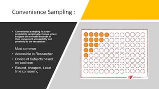 Convenience Sampling :
• Convenience sampling is a non-
probability sampling technique where
subjects are selected because of
their convenient accessibility and
proximity to the researcher.
•
Most common
• Accessible to Researcher
• Choice of Subjects based
on easiness
• Easiest, cheapest, Least
time consuming
 