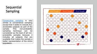 Sequential
Sampling
Consecutive sampling is very
similar to convenience sampling
except that it seeks to include ALL
accessible subjects as part of the
sample. This non-probability
sampling technique can be
considered as the best of all non-
probability samples because it
includes all subjects that are
available that makes the sample a
better representation of the entire
population.
 