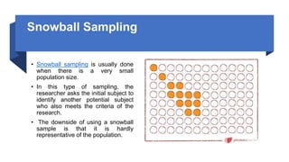 Snowball Sampling
• Snowball sampling is usually done
when there is a very small
population size.
• In this type of sampling, the
researcher asks the initial subject to
identify another potential subject
who also meets the criteria of the
research.
• The downside of using a snowball
sample is that it is hardly
representative of the population.
 