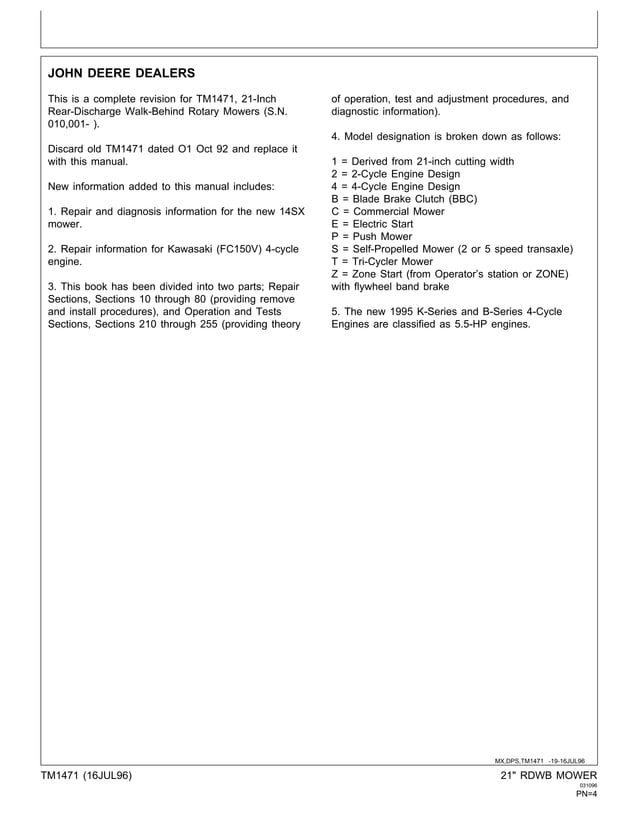 John Deere 14SB Walk Behind Mower Service Manual | PDF | Off-Road ...
