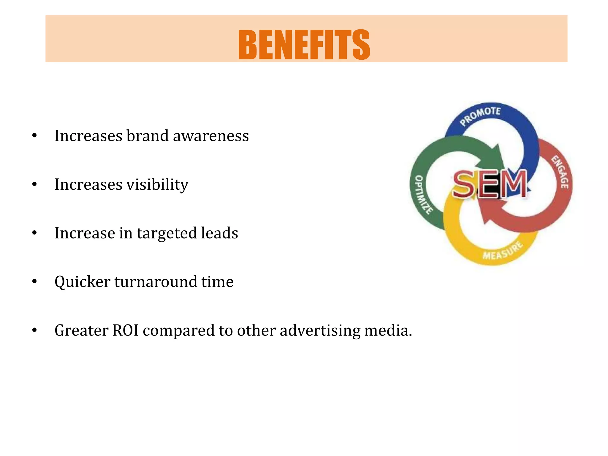 BENEFITS
• Increases brand awareness
• Increases visibility
• Increase in targeted leads
• Quicker turnaround time
• Greater ROI compared to other advertising media.

 