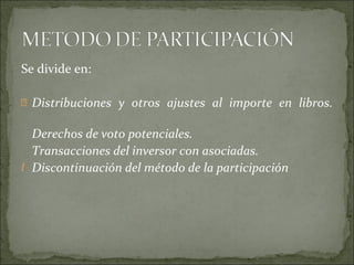 Se divide en: Distribuciones y otros ajustes al importe en libros. Derechos de voto potenciales. Transacciones del inversor con asociadas. Discontinuación del método de la participación  