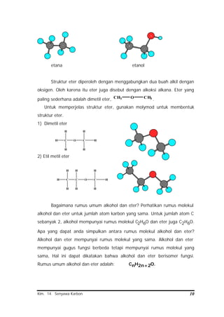 Kim. 14. Senyawa Karbon 10
H
H
C
H
H
C
H
H
H
H
O
H
C
C
H
H
H
etana etanol
Struktur eter diperoleh dengan menggabungkan dua buah alkil dengan
oksigen. Oleh karena itu eter juga disebut dengan alkoksi alkana. Eter yang
paling sederhana adalah dimetil eter, CH3 O CH3 .
Untuk memperjelas struktur eter, gunakan molymod untuk membentuk
struktur eter.
1) Dimetil eter
2) Etil metil eter
Bagaimana rumus umum alkohol dan eter? Perhatikan rumus molekul
alkohol dan eter untuk jumlah atom karbon yang sama. Untuk jumlah atom C
sebanyak 2, alkohol mempunyai rumus molekul C2H6O dan eter juga C2H6O.
Apa yang dapat anda simpulkan antara rumus molekul alkohol dan eter?
Alkohol dan eter mempunyai rumus molekul yang sama. Alkohol dan eter
mempunyai gugus fungsi berbeda tetapi mempunyai rumus molekul yang
sama, Hal ini dapat dikatakan bahwa alkohol dan eter berisomer fungsi.
Rumus umum alkohol dan eter adalah: CnH2n+2O.
C
H
H
H
O C
H
H
H
C
H
C
H
O C
H
H
H
H
H
H
 