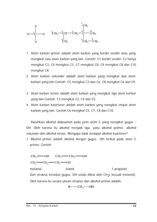 Kim. 14. Senyawa Karbon 14
C H
H
H
H
1 CH3 CH
CH3
CH2 C CH3
CH2
CH3
CH3
2 10
7
8
5
4
3 6
9
1. Atom karbon primer adalah atom karbon yang berdiri sendiri atau yang
mengikat satu atom karbon yang lain. Contoh: C1 berdiri sendiri, C2 hanya
mengikat C3, C4 mengikat C3, C7 mengikat C8, C9 mengikat C8 dan C10
mengikat C8.
2. Atom karbon sekunder adalah atom karbon yang mengikat dua atom
karbon yang lain.Contoh: C5 mengikat C3 dan C6, C8 mengikat C6 dan C9.
3. Atom karbon tersier adalah atom karbon yang mengikat tiga atom karbon
yang lain.Contoh: C3 mengikat C2, C4 dan C5.
4. Atom karbon kwartener adalah atom karbon yang mengikat empat atom
karbon yang lain. Contoh C6 mengikat C5, C7, C8 dan C10.
Klasifikasi alkohol didasarkan pada jenis atom C yang mengikat gugus -
OH. Oleh karena itu alkohol menjadi tiga, yaitu alkohol peimer, alkohol
sekunder dan alkohol tersier. Mengapa tidak terdapat alkohol kuartener?
1. Alkohol primer adalah alkohol dengan gugus -OH terikat pada atom C
primer. Contoh
CH3 OH CH3 CH2 OH
CH3 CH2 CH2 OH
metanol etanol 1-propanol
Dari struktur tersebut gugus -OH selalu diikat oleh CH2( kecuali metanol).
Oleh karena itu secara umum struktur dari alkohol primer adalah:
R CH2 OH
 