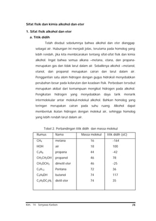 Kim. 14. Senyawa Karbon 16
Sifat fisik dan kimia alkohol dan eter
1. Sifat fisik alkohol dan eter
a. Titik didih
Telah disebut sebelumnya bahwa alkohol dan eter dianggap
sebagai air. Hubungan ini menjadi jelas, terutama pada homolog yang
lebih rendah, jika kita membicarakan tentang sifat-sifat fisik dan kimia
alkohol. Ingat bahwa semua alkana –metana, etana, dan propana-
merupakan gas dan tidak larut dalam air. Sebaliknya alkohol –metanol,
etanol, dan propanol merupakan cairan dan larut dalam air.
Penggantian satu atom hidrogen dengan gugus hidroksil menyebabkan
perubahan besar pada kelarutan dan keadaan fisik. Perbedaan tersebut
merupakan akibat dari kemampuan mengikat hidrogen pada alkohol.
Pengikatan hidrogen yang menyebabkan daya tarik menarik
intermolekular antar molekul-molekul alkohol. Bahkan homolog yang
teringan merupakan cairan pada suhu ruang. Alkohol dapat
membentuk ikatan hidrogen dengan molekul air, sehingga homolog
yang lebih rendah larut dalam air.
Tebel 2. Perbandingan titik didih dan massa molekul
Rumus Nama Massa molekul titik didih (oC)
CH4
HOH
C3H8
CH3CH2OH
CH3OCH3
C5H12
C4H9OH
C2H5OC2H5
metana
air
propana
propanol
dimetil eter
Pentana
butanol
dietil eter
16
18
44
46
46
72
74
74
-164
100
-42
78
-25
36
117
35
 