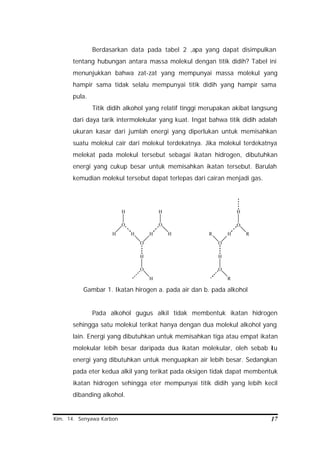 Kim. 14. Senyawa Karbon 17
Berdasarkan data pada tabel 2 ,apa yang dapat disimpulkan
tentang hubungan antara massa molekul dengan titik didih? Tabel ini
menunjukkan bahwa zat-zat yang mempunyai massa molekul yang
hampir sama tidak selalu mempunyai titik didih yang hampir sama
pula.
Titik didih alkohol yang relatif tinggi merupakan akibat langsung
dari daya tarik intermolekular yang kuat. Ingat bahwa titik didih adalah
ukuran kasar dari jumlah energi yang diperlukan untuk memisahkan
suatu molekul cair dari molekul terdekatnya. Jika molekul terdekatnya
melekat pada molekul tersebut sebagai ikatan hidrogen, dibutuhkan
energi yang cukup besar untuk memisahkan ikatan tersebut. Barulah
kemudian molekul tersebut dapat terlepas dari cairan menjadi gas.
O
H
H H
O
H
O
H
H
H
O
H
O
R H
H
O
H
R
O
R
Gambar 1. Ikatan hirogen a. pada air dan b. pada alkohol
Pada alkohol gugus alkil tidak membentuk ikatan hidrogen
sehingga satu molekul terikat hanya dengan dua molekul alkohol yang
lain. Energi yang dibutuhkan untuk memisahkan tiga atau empat ikatan
molekular lebih besar daripada dua ikatan molekular, oleh sebab itu
energi yang dibutuhkan untuk menguapkan air lebih besar. Sedangkan
pada eter kedua alkil yang terikat pada oksigen tidak dapat membentuk
ikatan hidrogen sehingga eter mempunyai titik didih yang lebih kecil
dibanding alkohol.
 