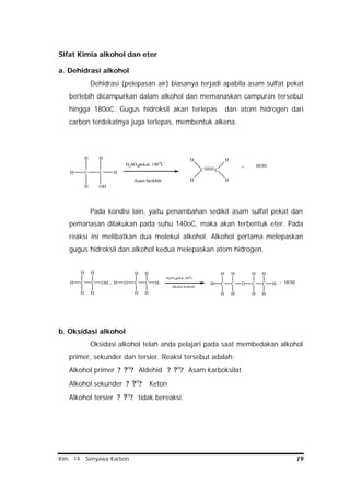 Kim. 14. Senyawa Karbon 19
Sifat Kimia alkohol dan eter
a. Dehidrasi alkohol
Dehidrasi (pelepasan air) biasanya terjadi apabila asam sulfat pekat
berlebih dicampurkan dalam alkohol dan memanaskan campuran tersebut
hingga 180oC. Gugus hidroksil akan terlepas dan atom hidrogen dari
carbon terdekatnya juga terlepas, membentuk alkena.
C C
H
H
H
OH
H
H
C C
H
H
H
H
+ HOHH2SO4pekat, 180o
C
Asam berlebih
Pada kondisi lain, yaitu penambahan sedikit asam sulfat pekat dan
pemanasan dilakukan pada suhu 140oC, maka akan terbentuk eter. Pada
reaksi ini melibatkan dua molekul alkohol. Alkohol pertama melepaskan
gugus hidroksil dan alkohol kedua melepaskan atom hidrogen.
C C
H
H
H
H
OH
H
C C
H
H
O
H
H
H
C C
H
H
H
H
O
H
H C
H
H
C
H
H
H
HOH
H2SO4pekat,140
o
C
Alkohol berlebih
+ +
b. Oksidasi alkohol
Oksidasi alkohol telah anda pelajari pada saat membedakan alkohol
primer, sekunder dan tersier. Reaksi tersebut adalah:
Alkohol primer ? ?? ][O
Aldehid ? ?? ][O
Asam karboksilat
Alkohol sekunder ? ?? ][O
Keton
Alkohol tersier ? ?? ][O
tidak bereaksi.
 