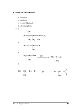 Kim. 14. Senyawa Karbon 27
f. Jawaban tes formatif
1. a. 2-butanol
b. dietil eter
c. 3-metil-2-butanol
d. etil isopropil eter
2. a.
CH3 C
CH3
OH
CH
CH2
CH
CH3
CH3
b.
CH3 O CH
CH3
CH3
3. a.
CH3 CH
CH3
OH [O]
CH3 C
CH3
O
b.
CH3 CH
CH3
CH2 [O]OH CH3 CH
CH3
C
O
H
 