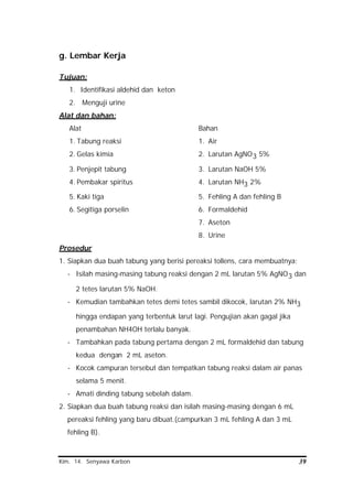 Kim. 14. Senyawa Karbon 39
g. Lembar Kerja
Tujuan:
1. Identifikasi aldehid dan keton
2. Menguji urine
Alat dan bahan:
Alat Bahan
1. Tabung reaksi 1. Air
2. Gelas kimia 2. Larutan AgNO3 5%
3. Penjepit tabung 3. Larutan NaOH 5%
4. Pembakar spiritus 4. Larutan NH3 2%
5. Kaki tiga 5. Fehling A dan fehling B
6. Segitiga porselin 6. Formaldehid
7. Aseton
8. Urine
Prosedur
1. Siapkan dua buah tabung yang berisi pereaksi tollens, cara membuatnya:
- Isilah masing-masing tabung reaksi dengan 2 mL larutan 5% AgNO3 dan
2 tetes larutan 5% NaOH.
- Kemudian tambahkan tetes demi tetes sambil dikocok, larutan 2% NH3
hingga endapan yang terbentuk larut lagi. Pengujian akan gagal jika
penambahan NH4OH terlalu banyak.
- Tambahkan pada tabung pertama dengan 2 mL formaldehid dan tabung
kedua dengan 2 mL aseton.
- Kocok campuran tersebut dan tempatkan tabung reaksi dalam air panas
selama 5 menit.
- Amati dinding tabung sebelah dalam.
2. Siapkan dua buah tabung reaksi dan isilah masing-masing dengan 6 mL
pereaksi fehling yang baru dibuat.(campurkan 3 mL fehling A dan 3 mL
fehling B).
 