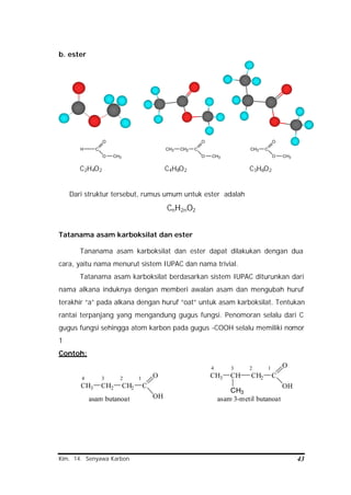 Kim. 14. Senyawa Karbon 43
b. ester
H C
O
O CH3
CH3 CH2 C
O
O CH3
CH3 C
O
O CH3
C2H4O2 C4H8O2 C3H6O2
Dari struktur tersebut, rumus umum untuk ester adalah
CnH2nO2
Tatanama asam karboksilat dan ester
Tananama asam karboksilat dan ester dapat dilakukan dengan dua
cara, yaitu nama menurut sistem IUPAC dan nama trivial.
Tatanama asam karboksilat berdasarkan sistem IUPAC diturunkan dari
nama alkana induknya dengan memberi awalan asam dan mengubah huruf
terakhir “a” pada alkana dengan huruf “oat” untuk asam karboksilat. Tentukan
rantai terpanjang yang mengandung gugus fungsi. Penomoran selalu dari C
gugus fungsi sehingga atom karbon pada gugus -COOH selalu memiliki nomor
1
Contoh:
CH3 CH2 CH2 C
OH
O4 3 2 1
asam butanoat
CH3 CH CH2 C
OH
O4 3 2 1
CH3
asam 3-metil butanoat
 