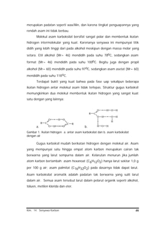 Kim. 14. Senyawa Karbon 46
merupakan padatan seperti wax/lilin, dan karena tingkat penguapannya yang
rendah asam ini tidak berbau.
Molekul asam karboksilat bersifat sangat polar dan membentuk ikatan
hidrogen intermolekular yang kuat. Karenanya senyawa ini mempunyai titik
didih yang lebih tinggi dari pada alkohol meskipun dengan massa molar yang
setara. Etil alkohol (Mr= 46) mendidih pada suhu 78oC, sedangkan asam
format (Mr= 46) mendidih pada suhu 100oC. Begitu juga dengan propil
alkohol (Mr= 60) mendidih pada suhu 97oC, sedangkan asam asetat (Mr= 60)
mendidih pada suhu 118oC.
Terdapat bukti yang kuat bahwa pada fase uap sekalipun beberapa
ikatan hidrogen antar molekul asam tidak terlepas. Struktur gugus karboksil
memungkinkan dua molekul membentuk ikatan hidrogen yang sangat kuat
satu dengan yang lainnya:
a.
R C
O
O H
H
O
O
C R
b.
R C
O
O H
H
O
O H
H
H
H O H
Gambar 1. Ikatan hidrogen a. antar asam karboksilat dan b. asam karboksilat
dengan air
Gugus karboksil mudah berikatan hidrogen dengan molekul air. Asam
yang mempunyai satu hingga empat atom karbon merupakan cairan tak
berwarna yang larut sempurna dalam air. Kelarutan menurun jika jumlah
atom karbon bertambah: asam hexanoat (C6H12O2) hanya larut sekitar 1,0 g
per 100 g air; asam palmitat (C16H32O2) pada dasarnya tidak dapat larut.
Asam karboksilat aromatik adalah padatan tak berwarna yang sulit larut
dalam air. Semua asam tersebut larut dalam pelarut organik seperti alkohol,
toluen, metilen klorida dan eter.
 