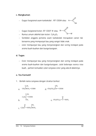 Kim. 14. Senyawa Karbon 52
c. Rangkuman
- Gugus fungsional asam karboksilat : R? COOH atau
- Gugus fungsional keton: R? COO? R’ atau
- Rumus umum aldehid dan keton: C2H2nO2
- Sembilan anggota pertama asam karboksilat merupakan cairan tak
berwarna yang mempunyai bau yang sangat tidak enak.
- ester mempunyai bau yang menyenangkan dan sering terdapat pada
aroma buah-buahan dan bunga-bungaan.
d. Tugas
- Ester mempunyai bau yang menyenangkan dan sering terdapat pada
aroma buah-buahan dan bunga-bungaan, catat beberapa esence rasa
buah, parfum kemudian catat senyawa ester yang ada di dalamnya.
e. Tes Formatif
1. Berilah nama senyawa dengan struktur berikut:
a. CH3CHCH2
C2H5
COOH d. CH3(CH2)4CH
CH3
COOH
b.
C2H5C
CH3
C2H5
COOH
e. CH3(CH2)4 C
O
OCH3
c. C2H5C
O
OCH2CHCH3
CH3
R C
O
OH
R C
O
O R'
 