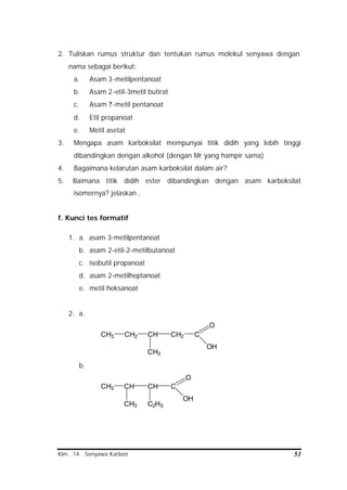Kim. 14. Senyawa Karbon 53
2. Tuliskan rumus struktur dan tentukan rumus molekul senyawa dengan
nama sebagai berikut:
a. Asam 3-metilpentanoat
b. Asam 2-etil-3metil butirat
c. Asam ?-metil pentanoat
d. Etil propanoat
e. Metil asetat
3. Mengapa asam karboksilat mempunyai titik didih yang lebih tinggi
dibandingkan dengan alkohol (dengan Mr yang hampir sama)
4. Bagaimana kelarutan asam karboksilat dalam air?
5. Baimana titik didih ester dibandingkan dengan asam karboksilat
isomernya? jelaskan .
f. Kunci tes formatif
1. a. asam 3-metilpentanoat
b. asam 2-etil-2-metilbutanoat
c. isobutil propanoat
d. asam 2-metilheptanoat
e. metil heksanoat
2. a.
CH3 CH2 CH CH2
CH3
C
O
OH
b.
CH3 CH CH C
C2H5CH3
O
OH
 
