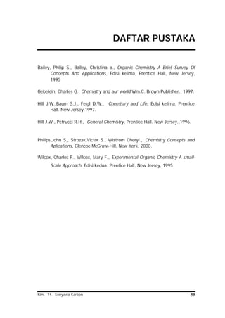 Kim. 14. Senyawa Karbon 59
DAFTAR PUSTAKA
Bailey, Philip S., Bailey, Christina a., Organic Chemistry A Brief Survey Of
Concepts And Applications, Edisi kelima, Prentice Hall, New Jersey,
1995
Gebelein, Charles G., Chemistry and aur world Wm.C. Brown Publisher., 1997.
Hill J.W.,Baum S.J., Feigl D.W., Chemistry and Life, Edisi kelima. Prentice
Hall. New Jersey.1997.
Hill J.W., Petrucci R.H., General Chemistry, Prentice Hall. New Jersey.,1996.
Philips,John S., Strozak.Victor S., Wistrom Cheryl., Chemistry Consepts and
Aplications, Glencoe McGraw-Hill, New York, 2000.
Wilcox, Charles F., Wilcox, Mary F., Experimental Organic Chemistry A small-
Scale Approach, Edisi kedua, Prentice Hall, New Jersey, 1995
 