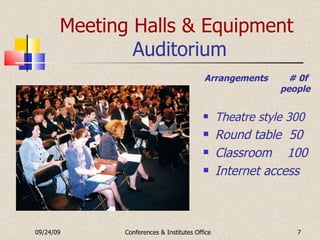 Meeting Halls & Equipment   Auditorium Arrangements  # 0f  people Theatre style 300 Round table  50 Classroom  100 Internet access 09/24/09 Conferences & Institutes Office 