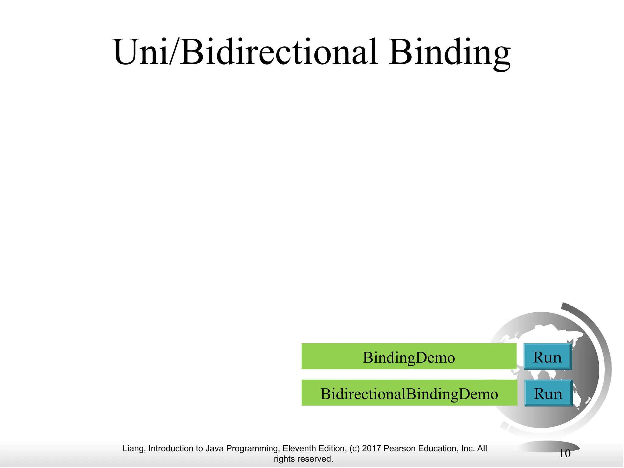 Liang, Introduction to Java Programming, Eleventh Edition, (c) 2017 Pearson Education, Inc. All
rights reserved.
10
Uni/Bidirectional Binding
BidirectionalBindingDemo Run
BindingDemo Run
 