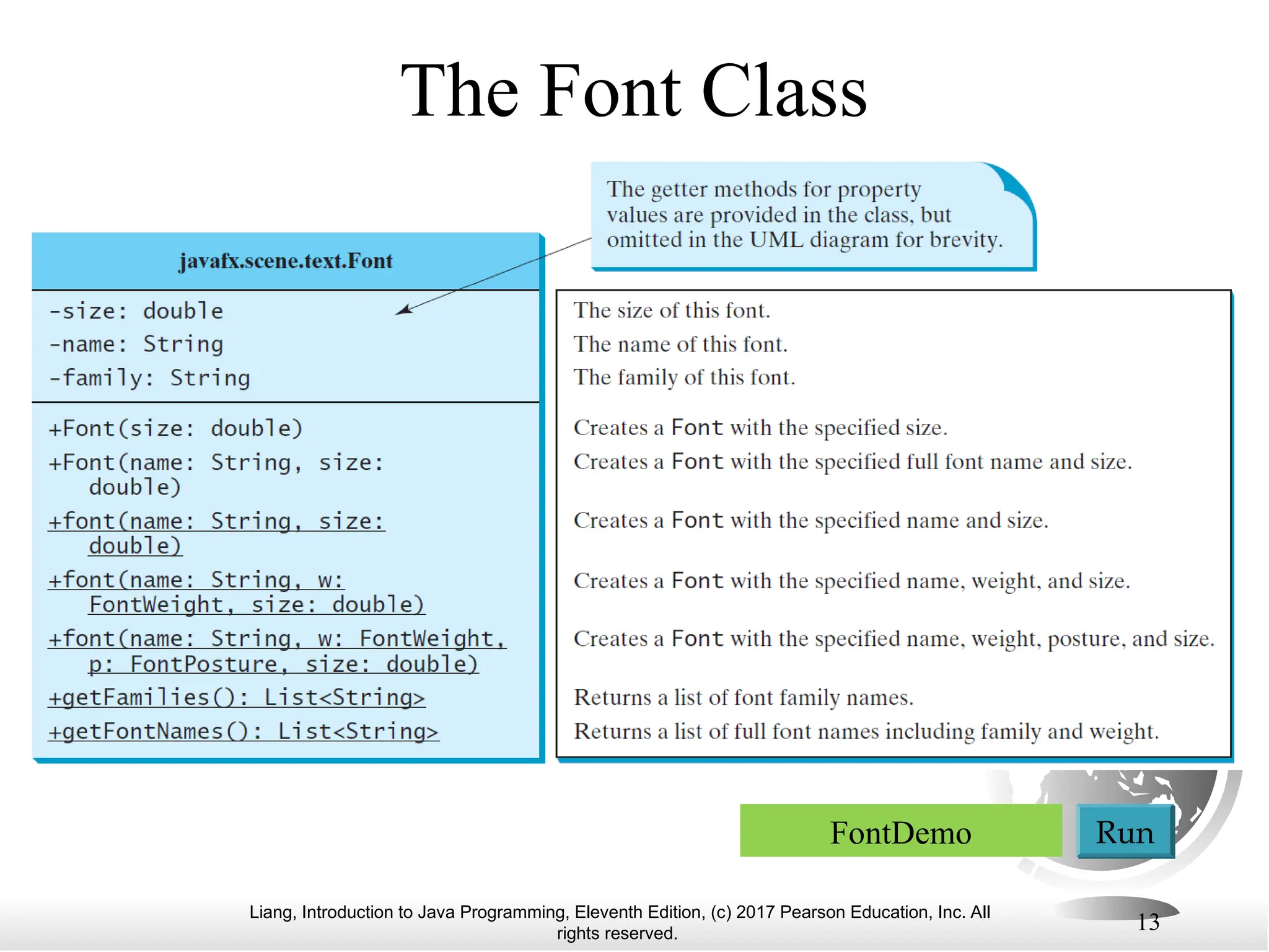 Liang, Introduction to Java Programming, Eleventh Edition, (c) 2017 Pearson Education, Inc. All
rights reserved.
13
The Font Class
FontDemo Run
 