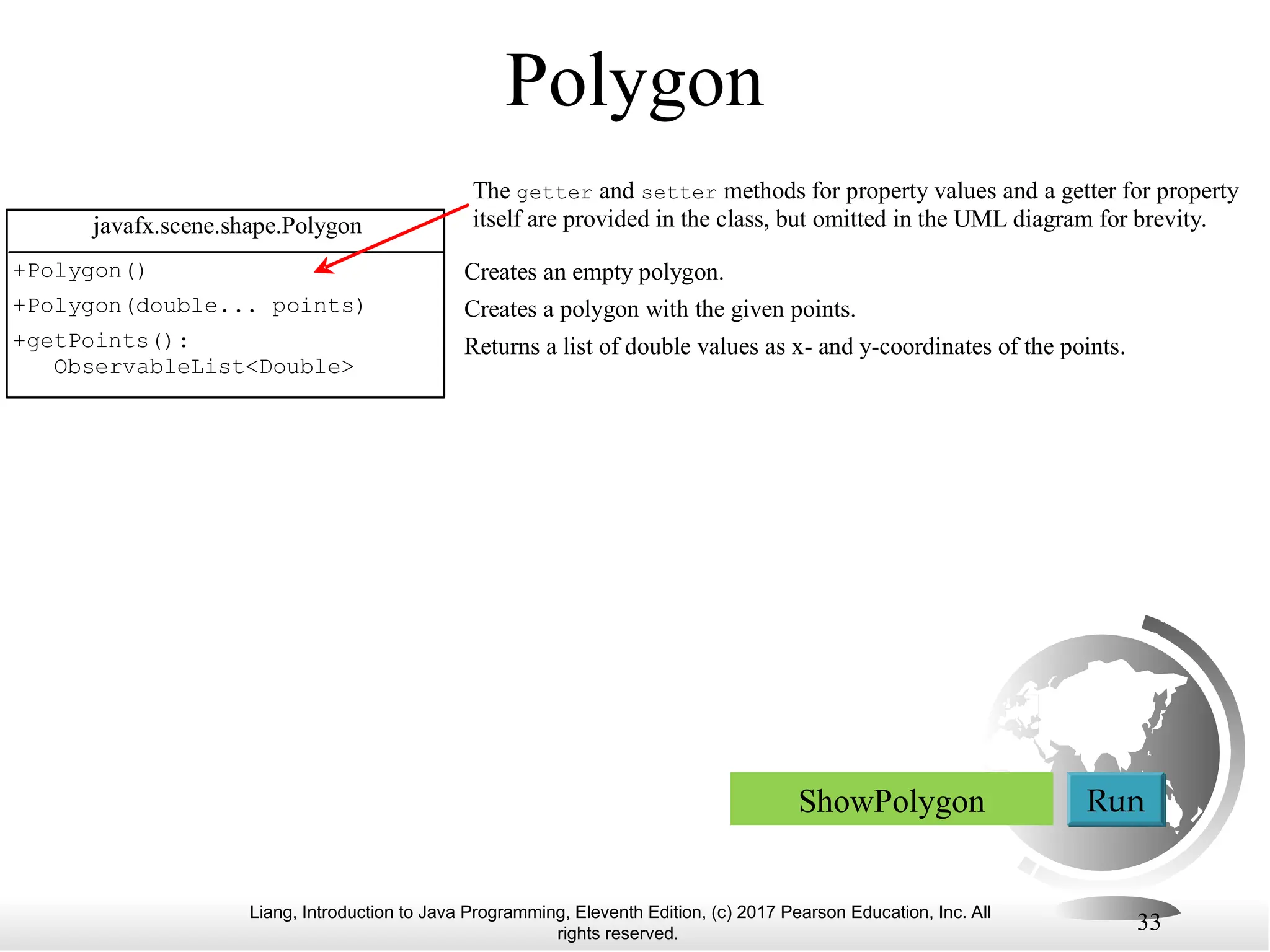 Liang, Introduction to Java Programming, Eleventh Edition, (c) 2017 Pearson Education, Inc. All
rights reserved.
33
Polygon
javafx.scene.shape.Polygon
+Polygon()
+Polygon(double... points)
+getPoints():
ObservableList<Double>
Creates an empty polygon.
Creates a polygon with the given points.
Returns a list of double values as x- and y-coordinates of the points.
The getter and setter methods for property values and a getter for property
itself are provided in the class, but omitted in the UML diagram for brevity.
ShowPolygon Run
 