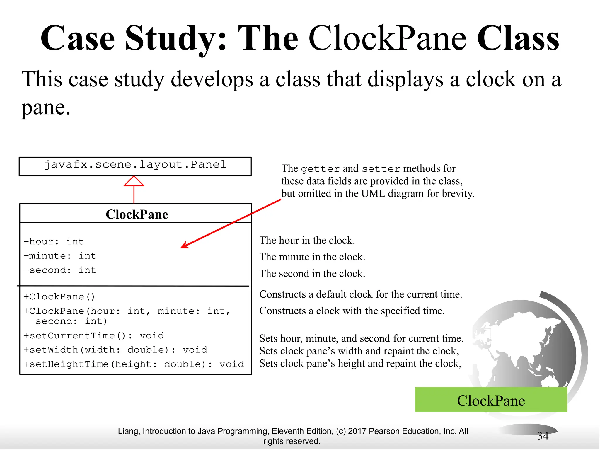 Liang, Introduction to Java Programming, Eleventh Edition, (c) 2017 Pearson Education, Inc. All
rights reserved.
34
Case Study: The ClockPane Class
This case study develops a class that displays a clock on a
pane.
ClockPane
-hour: int
-minute: int
-second: int
+ClockPane()
+ClockPane(hour: int, minute: int,
second: int)
+setCurrentTime(): void
+setWidth(width: double): void
+setHeightTime(height: double): void
javafx.scene.layout.Panel
-char token
+getToken
+setToken
+paintComponet
+mouseClicked
The getter and setter methods for
these data fields are provided in the class,
but omitted in the UML diagram for brevity.
The hour in the clock.
The minute in the clock.
The second in the clock.
Constructs a default clock for the current time.
Constructs a clock with the specified time.
Sets hour, minute, and second for current time.
Sets clock pane’s width and repaint the clock,
Sets clock pane’s height and repaint the clock,
ClockPane
 