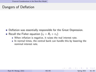 Financial Considerations in the Short-Run Model
Dangers of Deflation
Deflation was essentially responsible for the Great Depression.
Recall the Fisher equation (it = Rt + πt)
When inflation is negative, it raises the real interest rate.
In normal times, the central bank can handle this by lowering the
nominal interest rate.
Ryan W. Herzog (GU) AD/AS Spring 2021 16 / 39
 