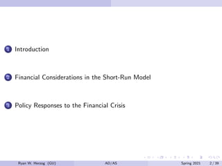 1 Introduction
2 Financial Considerations in the Short-Run Model
3 Policy Responses to the Financial Crisis
Ryan W. Herzog (GU) AD/AS Spring 2021 2 / 39
 