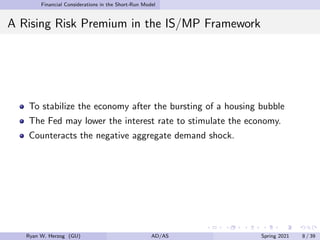 Financial Considerations in the Short-Run Model
A Rising Risk Premium in the IS/MP Framework
To stabilize the economy after the bursting of a housing bubble
The Fed may lower the interest rate to stimulate the economy.
Counteracts the negative aggregate demand shock.
Ryan W. Herzog (GU) AD/AS Spring 2021 8 / 39
 