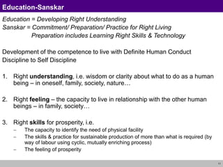 11
Education-Sanskar
Education = Developing Right Understanding
Sanskar = Commitment/ Preparation/ Practice for Right Living
Preparation includes Learning Right Skills & Technology
Development of the competence to live with Definite Human Conduct
Discipline to Self Discipline
1. Right understanding, i.e. wisdom or clarity about what to do as a human
being – in oneself, family, society, nature…
2. Right feeling – the capacity to live in relationship with the other human
beings – in family, society…
3. Right skills for prosperity, i.e.
 The capacity to identify the need of physical facility
 The skills & practice for sustainable production of more than what is required (by
way of labour using cyclic, mutually enriching process)
 The feeling of prosperity
 