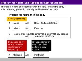 15
Program for Health-Self Regulation (Self-regulation)
There is a feeling of responsibility in the self(I) toward the body
– for nurturing, protection and right utilization of the body
Program for harmony in the body
1 Intake and Daily Routine (Lifestyle)
2 Labour and Exercise
3 Postures for regulating internal & external body organs
and Regulated Breathing
4 Medicine and Treatment
(A) Staying Healthy
(B) Bringing body
back to harmony
from temporary
disharmony
(C) Dependence on
drug / machine to
perform a body
function
 