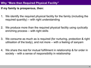 58
Why “More than Required Physical Facility”
If my family is prosperous, then:
1. We identify the required physical facility for the family (including the
required quantity) – with right understanding
2. We produce more than the required physical facility using cyclically
enriching process – with right skills
3. We consume as much as is required (for nurturing, protection & right
utilisation of the body), and not more – with a feeling of sanyam
4. We share the rest for mutual fulfillment in relationship & for order in
society – with a sense of responsibility in relationship
 