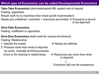 65
Which type of Economics can be called Developmental Economics
Take-Take Economics (dominate/exploit HB, exploit rest of nature)
Feeling: opposition
Result: both try to maximise their share (profit maximisation)
Needs are undefined / unlimited + resources are limited  Everyone is bound
to be deprived
Give-Take Economics
Feeling: indifferent or opposition
Give-Give Economics (both work for mutual enrichment)
Feeling: Relationship
1. Identify the needs  Needs are definite
2. Produce more than what is required
by cyclic, mutually enriching process
(more is for sharing in relationship)  Resources are more than what
is required
Everyone (all) can be prosperous
 